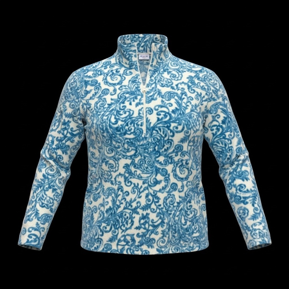 Laura Scott Womens XL Blue White Damask Scroll Fleece Quarter Zip Pullover Top